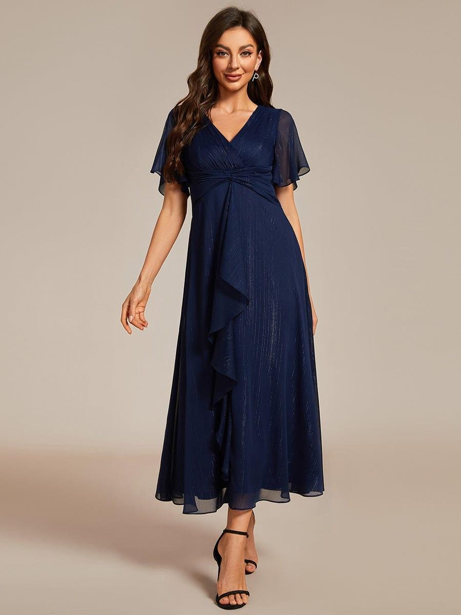 Sheer Sleeve Twist Knot Shimmering Evening Dress