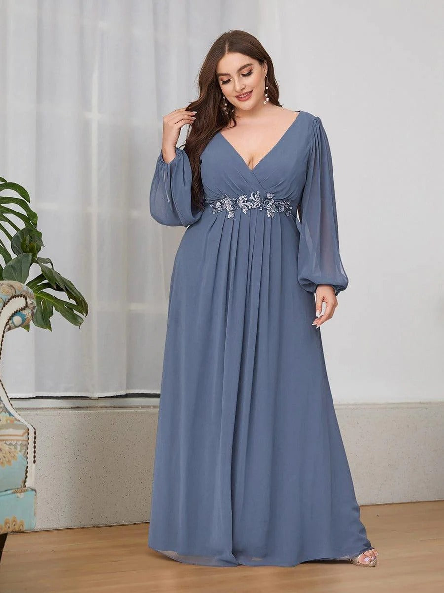 V-Neck Long Sleeve Chiffon Evening Dress