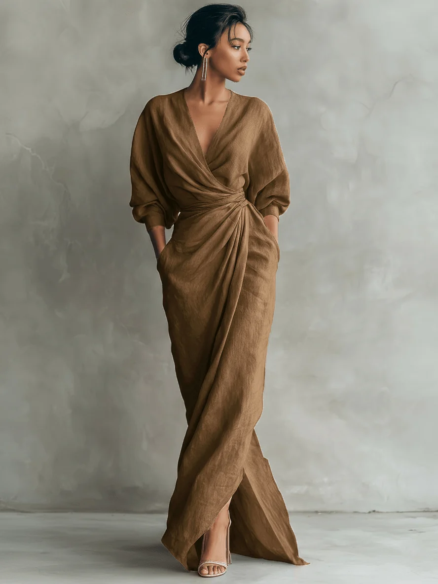 Sleeveless Linen Blend V-Neck Maxi Dress
