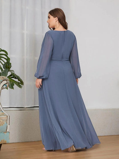 V-Neck Long Sleeve Chiffon Evening Dress
