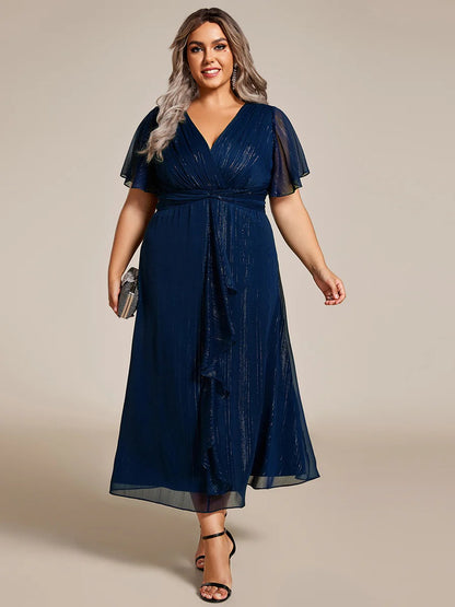 Sheer Sleeve Twist Knot Shimmering Evening Dress
