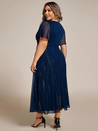 Sheer Sleeve Twist Knot Shimmering Evening Dress