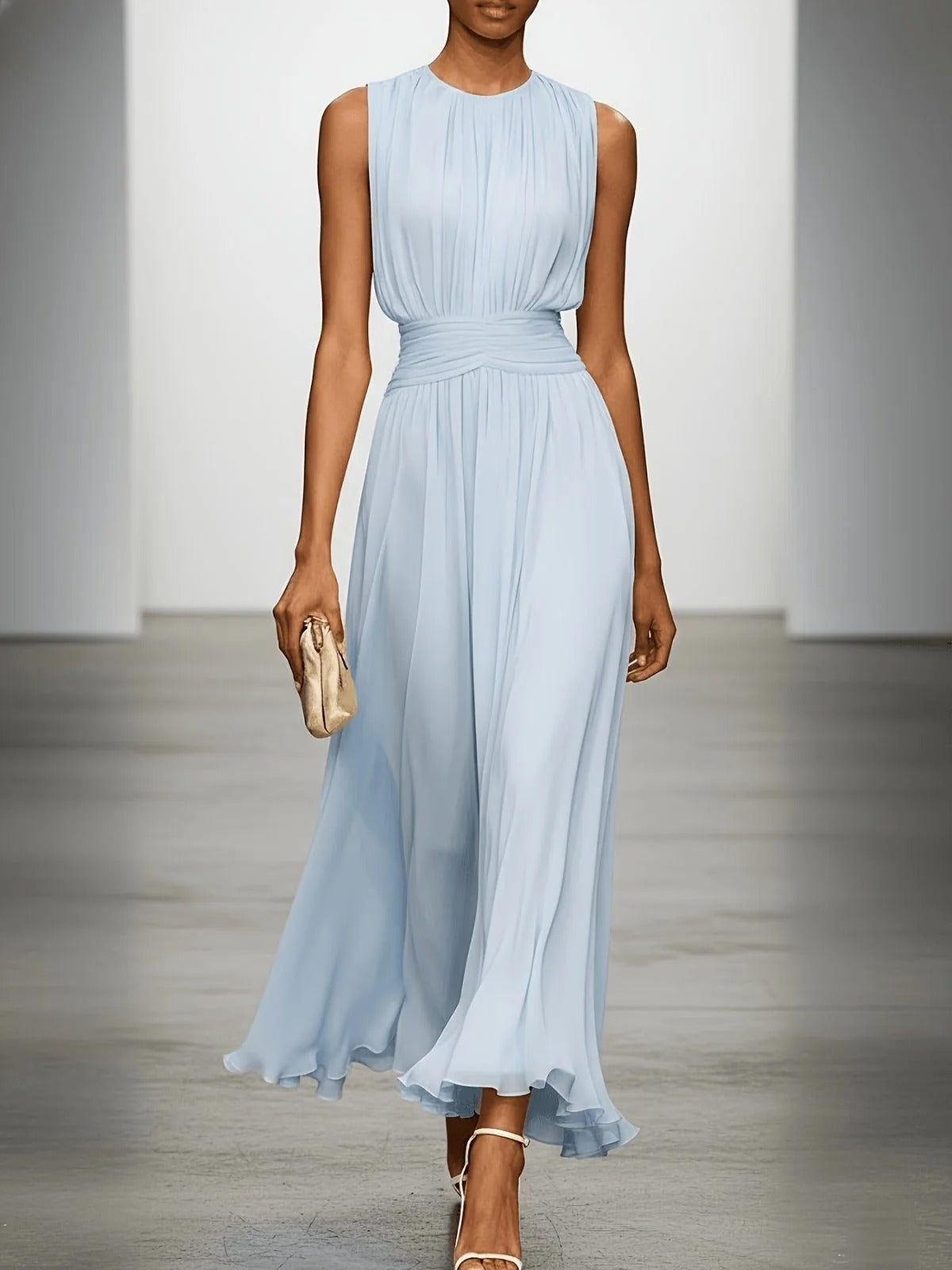Sleeveless Viscose Maxi Dress with Defined Waist