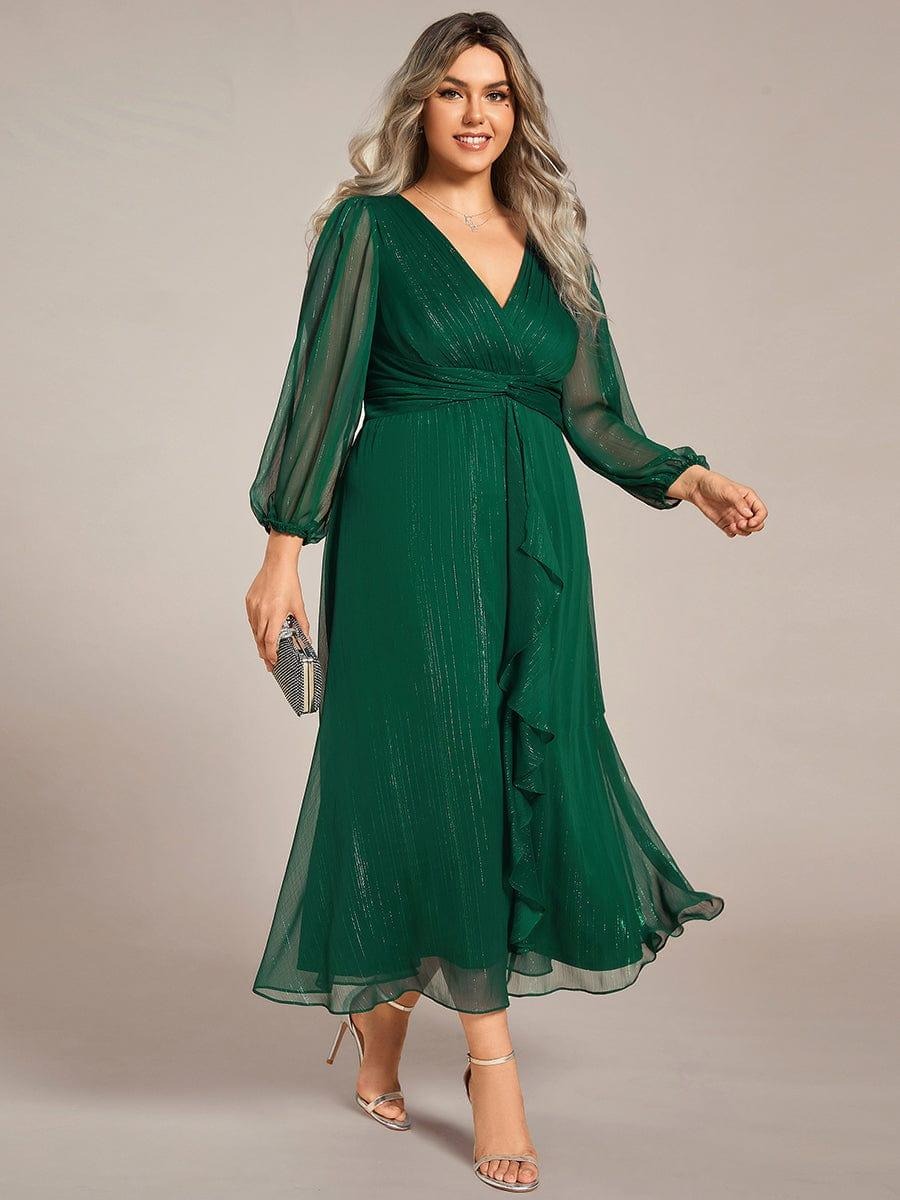 Sheer Sleeve Twist Knot Shimmering Evening Dress