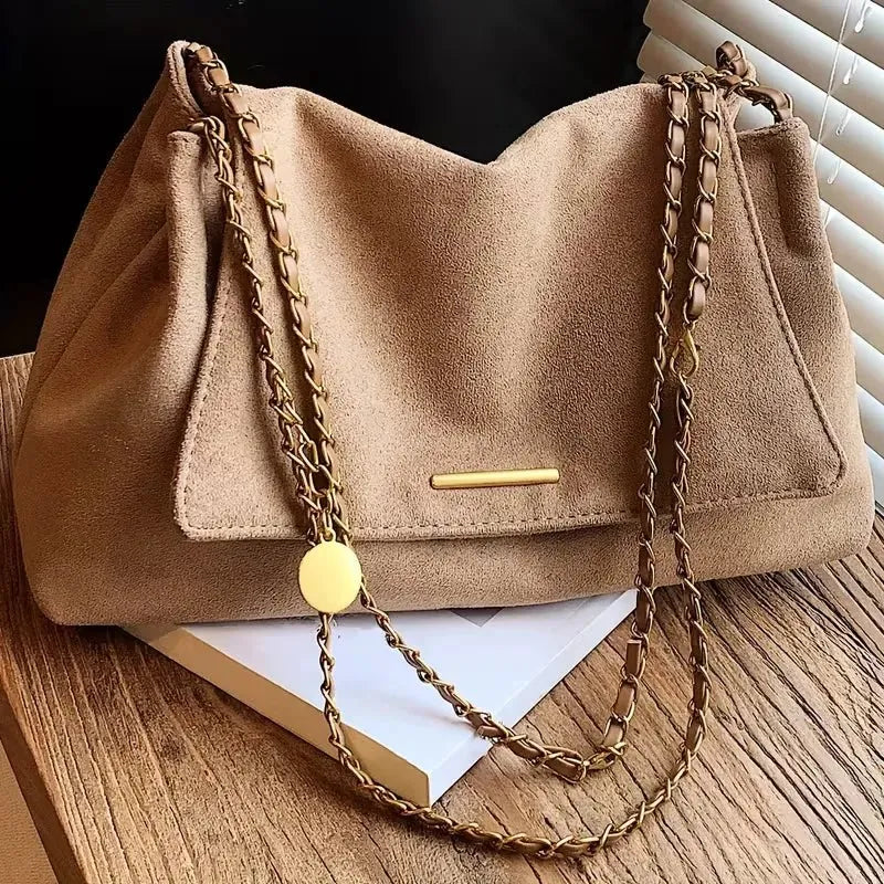 Faux Suede Handbag with Gold Chain Strap