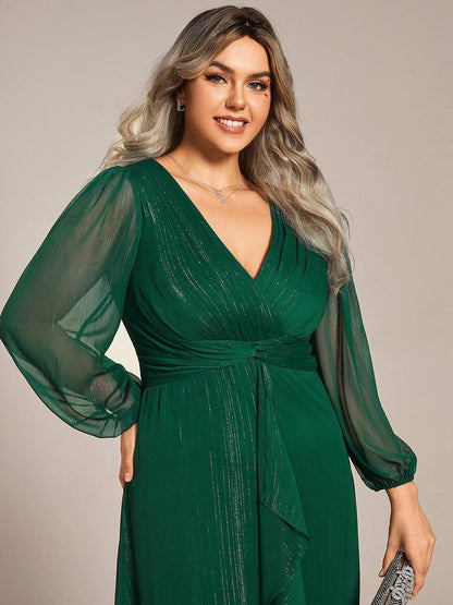 Sheer Sleeve Twist Knot Shimmering Evening Dress