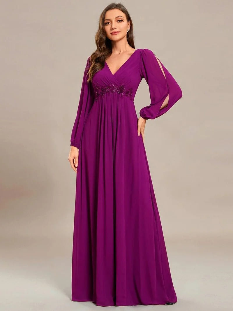 V-Neck Long Sleeve Chiffon Evening Dress