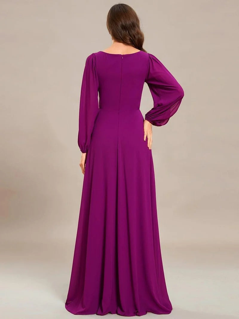 V-Neck Long Sleeve Chiffon Evening Dress
