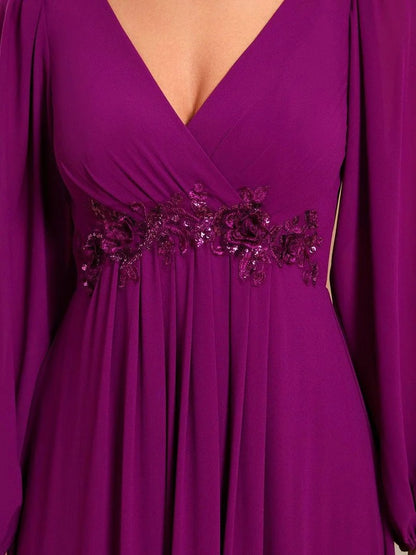 V-Neck Long Sleeve Chiffon Evening Dress