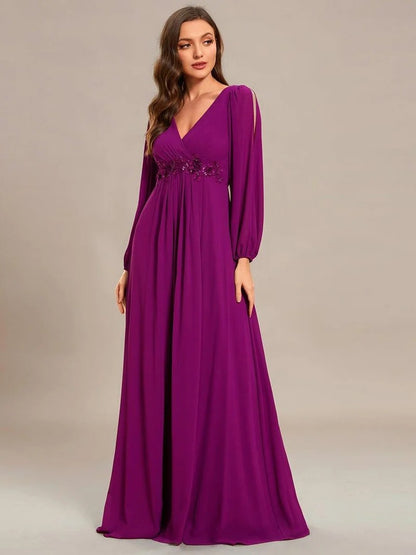 V-Neck Long Sleeve Chiffon Evening Dress