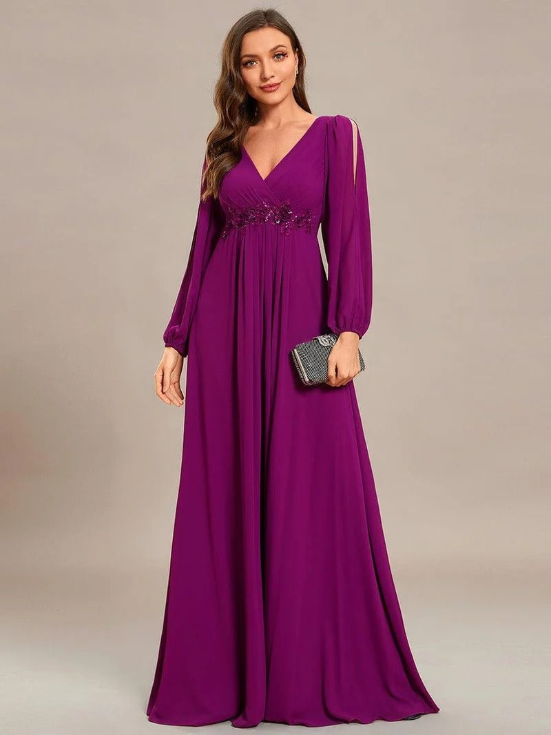 V-Neck Long Sleeve Chiffon Evening Dress