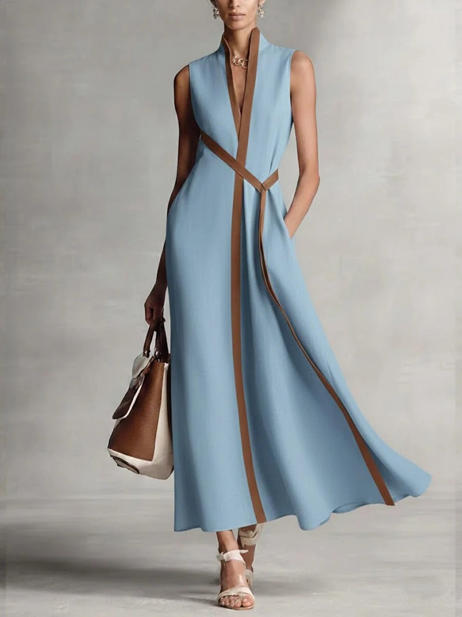 Sleeveless Minimalist Maxi Dress with Crossed Waist Ties