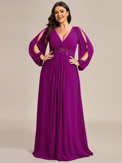 V-Neck Long Sleeve Chiffon Evening Dress