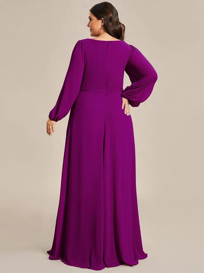 V-Neck Long Sleeve Chiffon Evening Dress