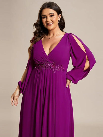 V-Neck Long Sleeve Chiffon Evening Dress