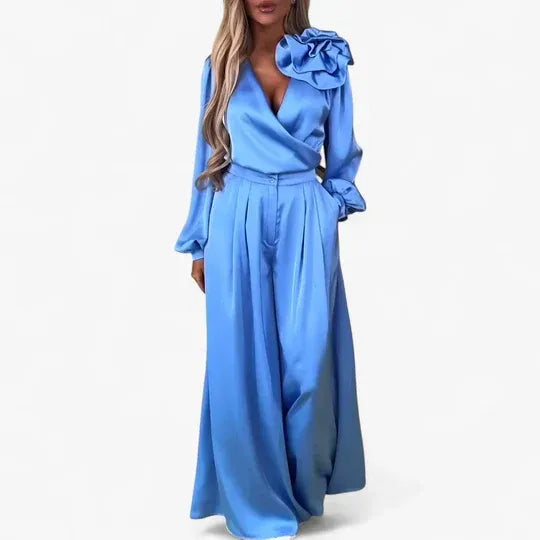 Frida V-Neck Blouse and Trousers Set