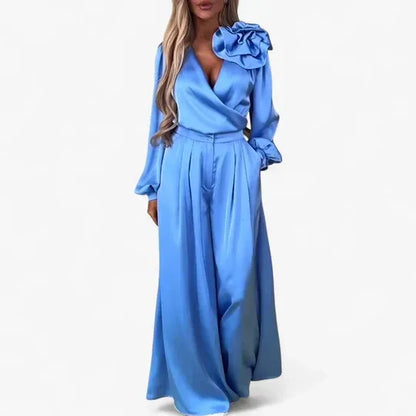 Frida V-Neck Blouse and Trousers Set