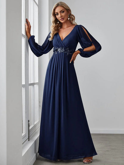 V-Neck Long Sleeve Chiffon Evening Dress