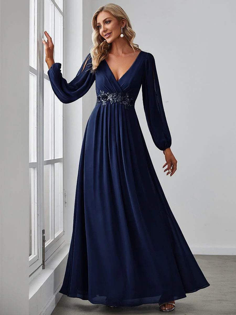 V-Neck Long Sleeve Chiffon Evening Dress