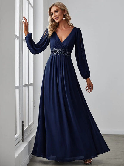 V-Neck Long Sleeve Chiffon Evening Dress