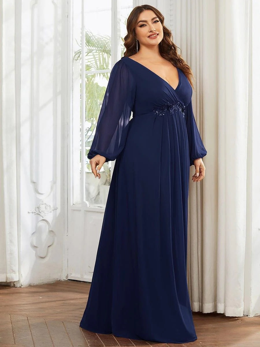 V-Neck Long Sleeve Chiffon Evening Dress