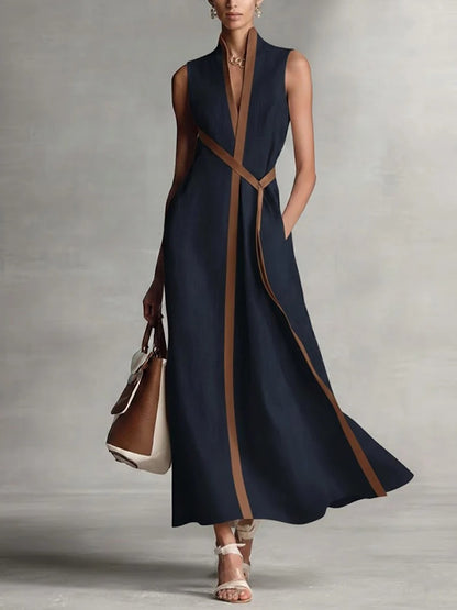 Sleeveless Minimalist Maxi Dress with Crossed Waist Ties