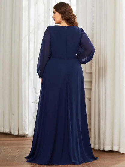 V-Neck Long Sleeve Chiffon Evening Dress