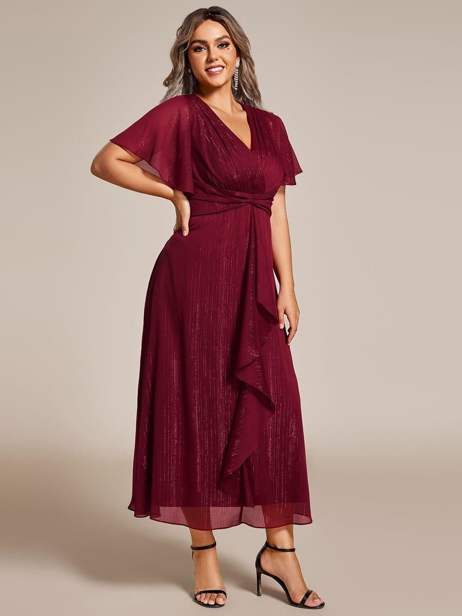 Sheer Sleeve Twist Knot Shimmering Evening Dress