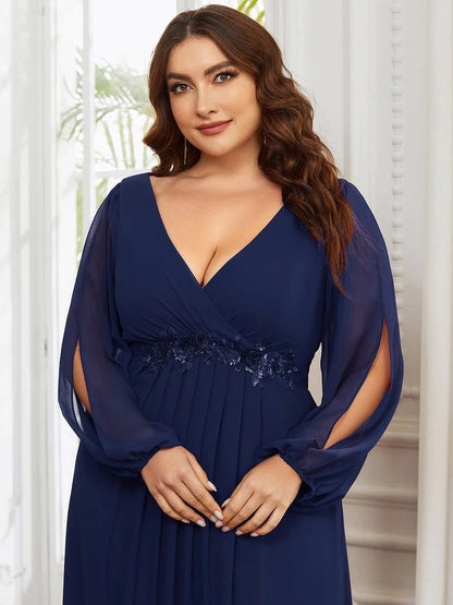 V-Neck Long Sleeve Chiffon Evening Dress