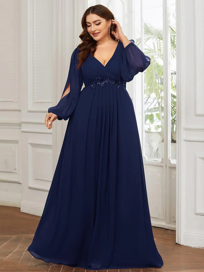 V-Neck Long Sleeve Chiffon Evening Dress