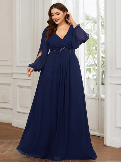 V-Neck Long Sleeve Chiffon Evening Dress