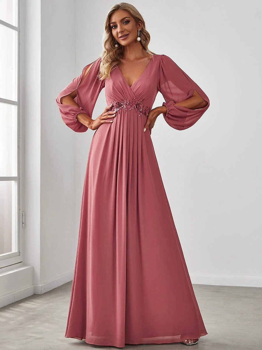 V-Neck Long Sleeve Chiffon Evening Dress