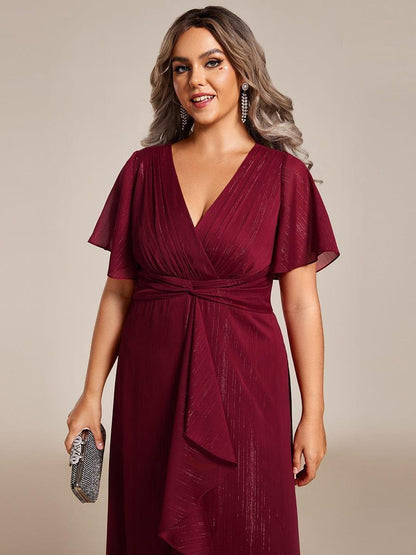 Sheer Sleeve Twist Knot Shimmering Evening Dress