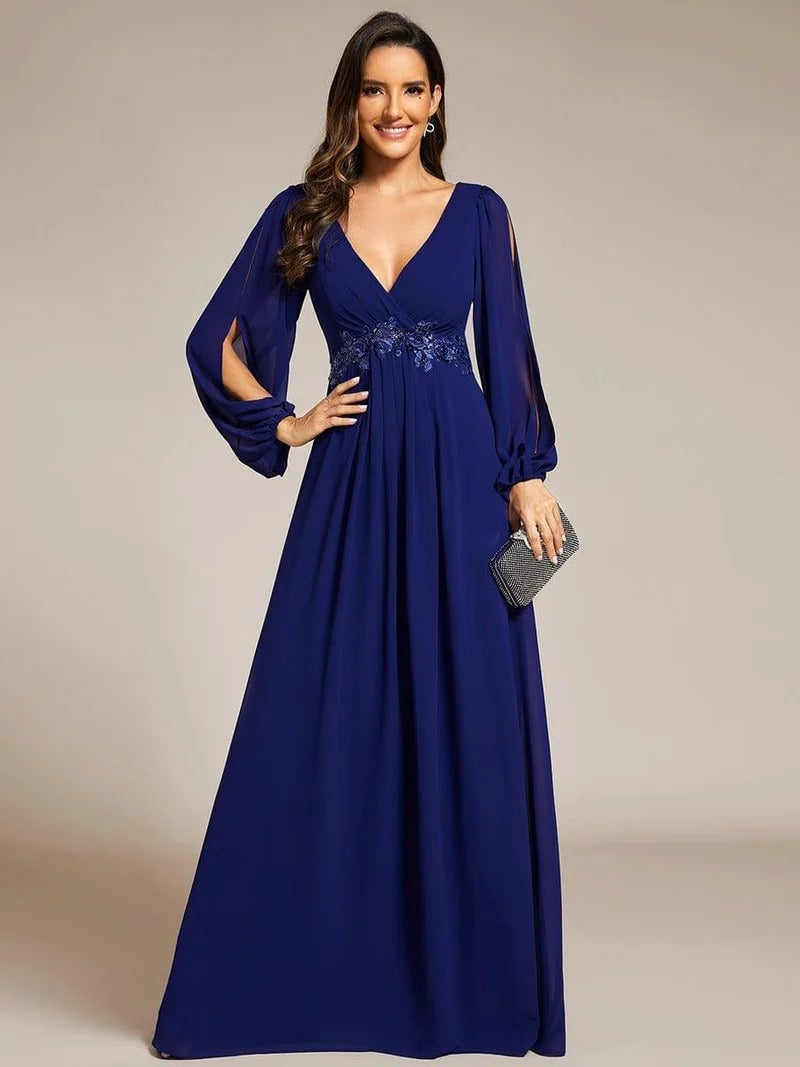 V-Neck Long Sleeve Chiffon Evening Dress