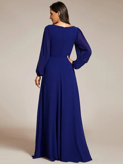 V-Neck Long Sleeve Chiffon Evening Dress