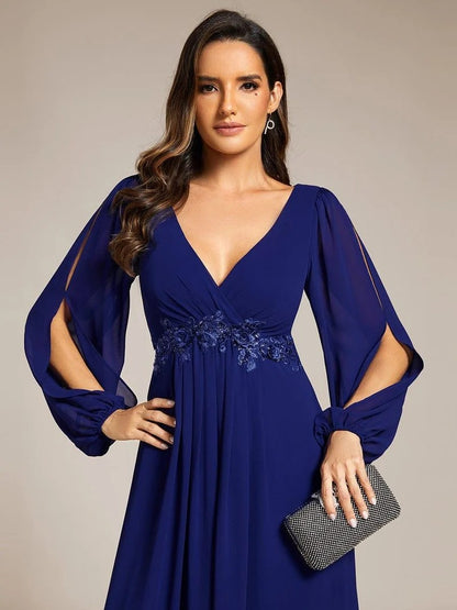 V-Neck Long Sleeve Chiffon Evening Dress