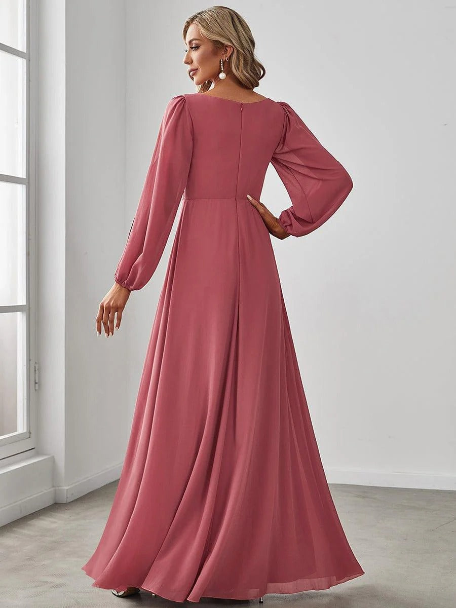 V-Neck Long Sleeve Chiffon Evening Dress