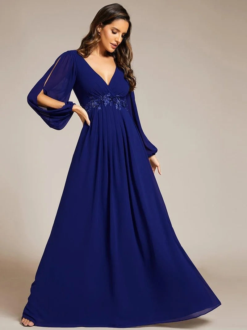 V-Neck Long Sleeve Chiffon Evening Dress