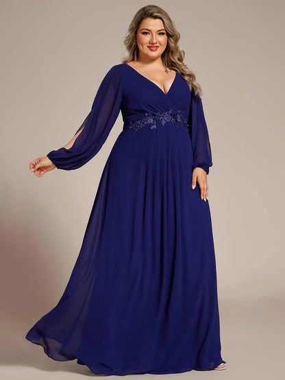 V-Neck Long Sleeve Chiffon Evening Dress