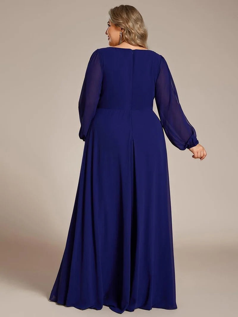 V-Neck Long Sleeve Chiffon Evening Dress