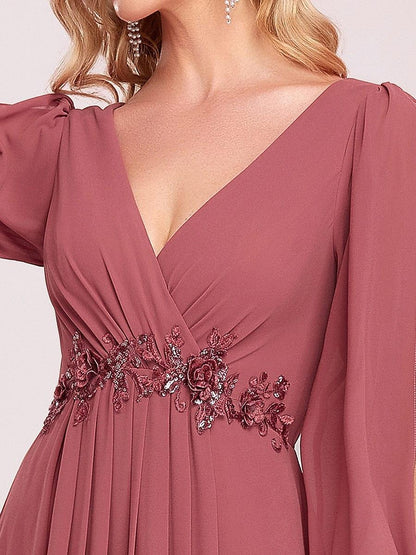 V-Neck Long Sleeve Chiffon Evening Dress