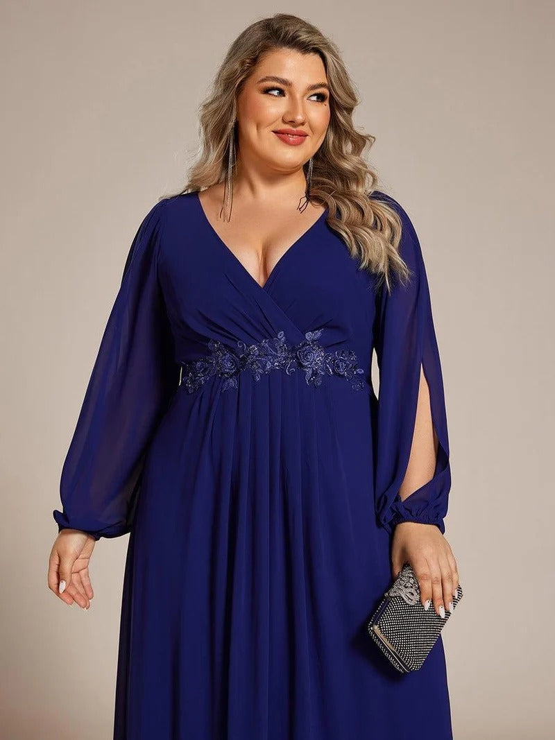 V-Neck Long Sleeve Chiffon Evening Dress