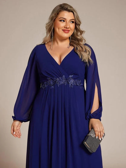 V-Neck Long Sleeve Chiffon Evening Dress