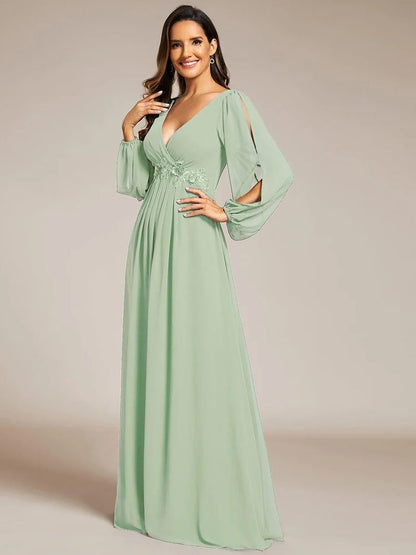 V-Neck Long Sleeve Chiffon Evening Dress