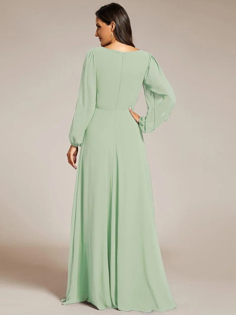 V-Neck Long Sleeve Chiffon Evening Dress