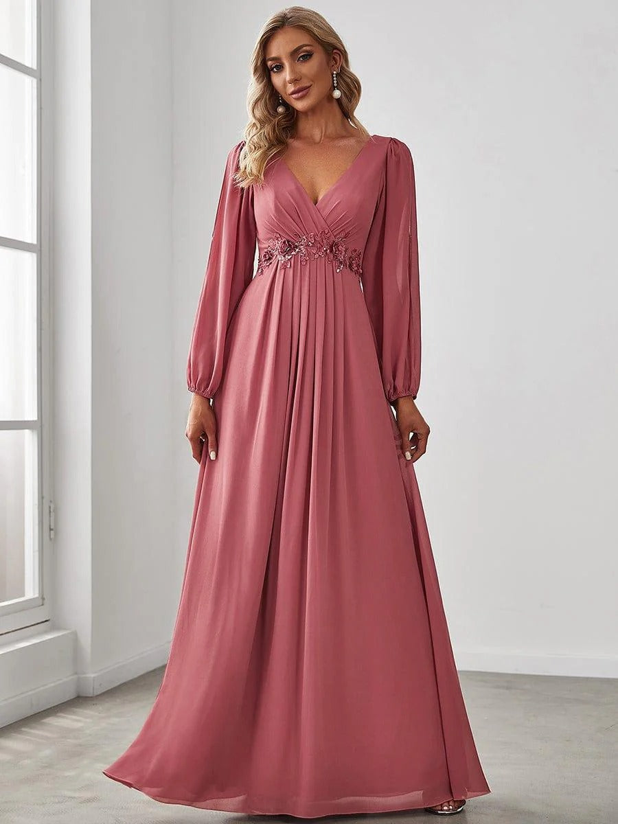 V-Neck Long Sleeve Chiffon Evening Dress