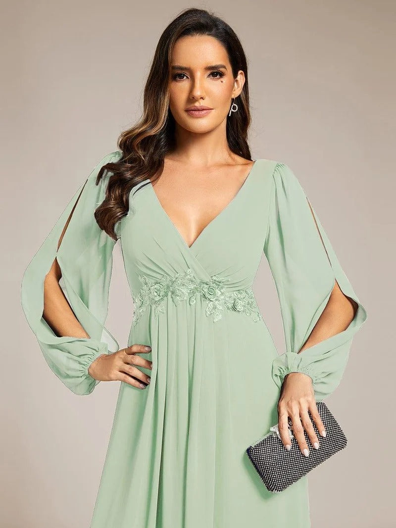 V-Neck Long Sleeve Chiffon Evening Dress
