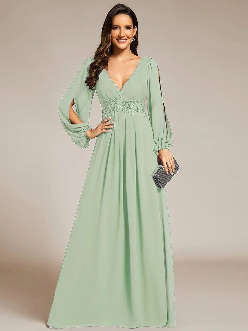V-Neck Long Sleeve Chiffon Evening Dress
