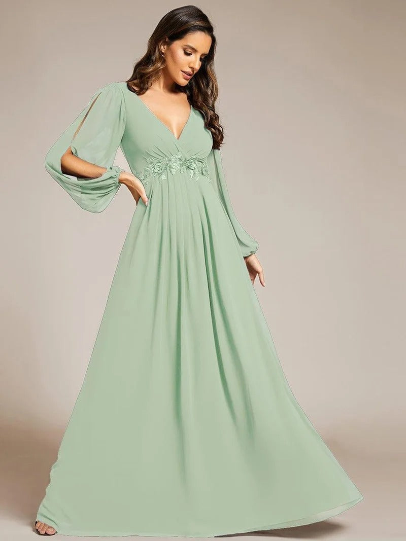 V-Neck Long Sleeve Chiffon Evening Dress
