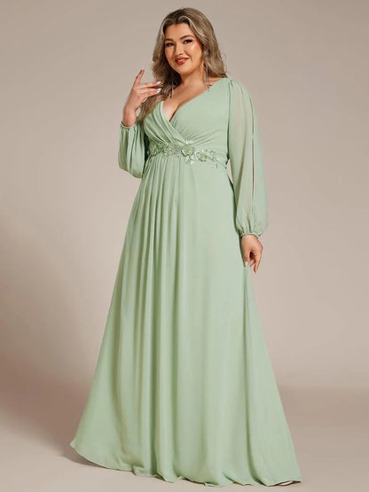 V-Neck Long Sleeve Chiffon Evening Dress